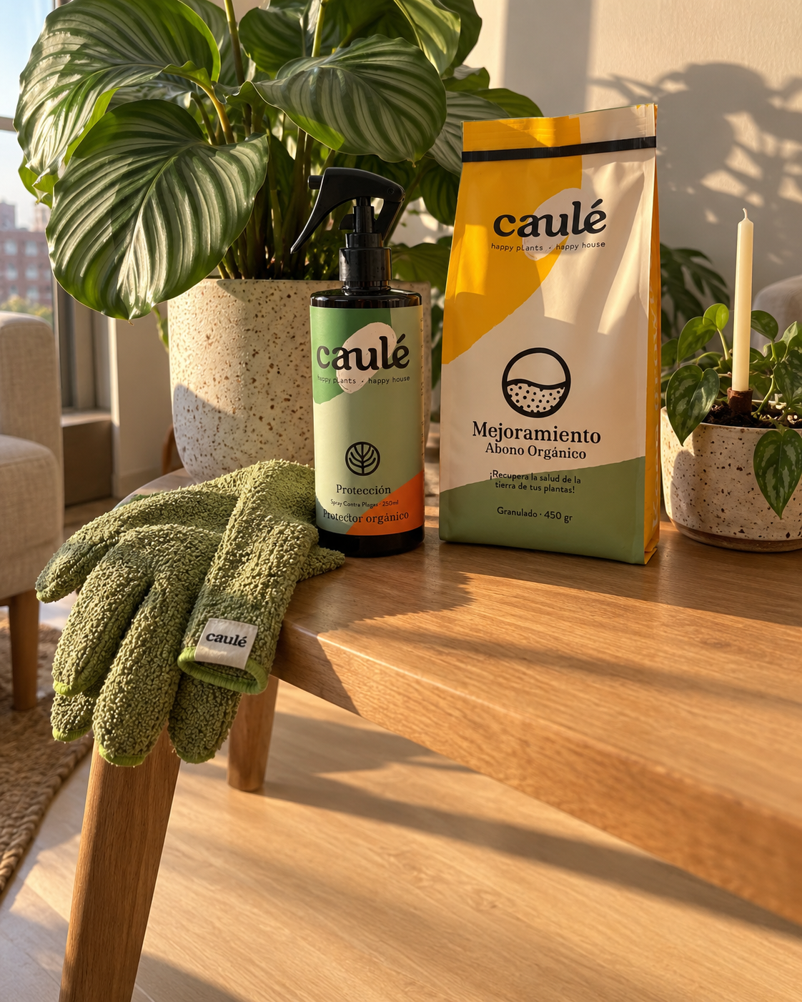 Aplicando Protección Caulé en una monstera en una sala iluminada