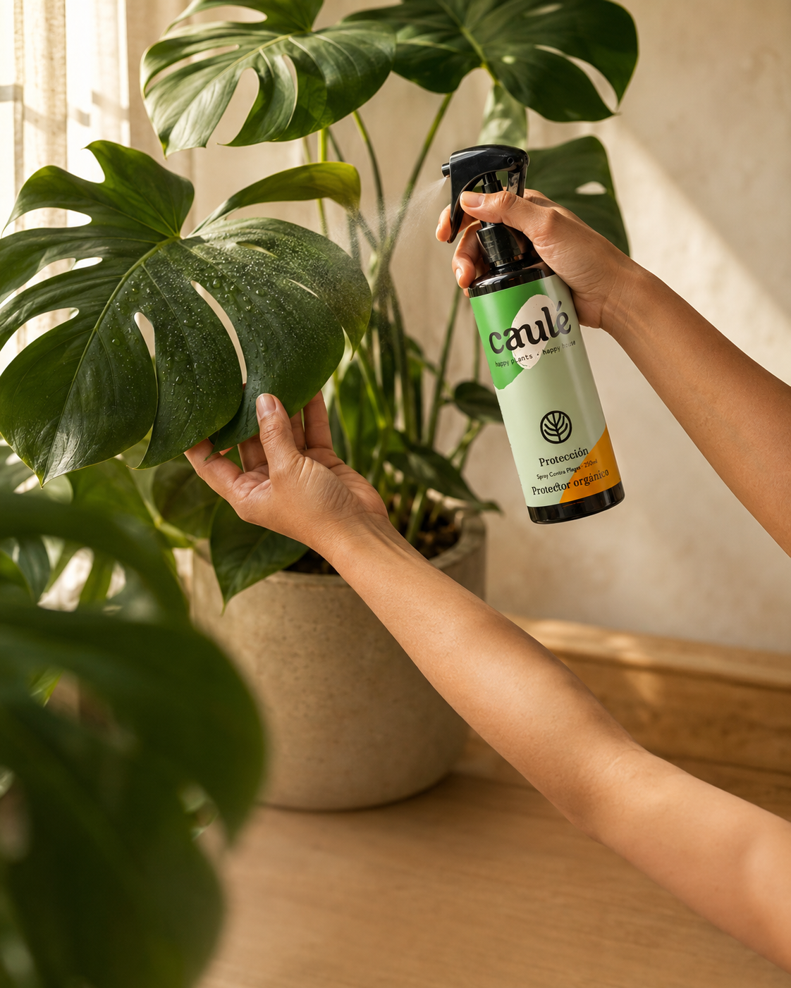 Aplicando Protección Caulé en una monstera en una sala iluminada
