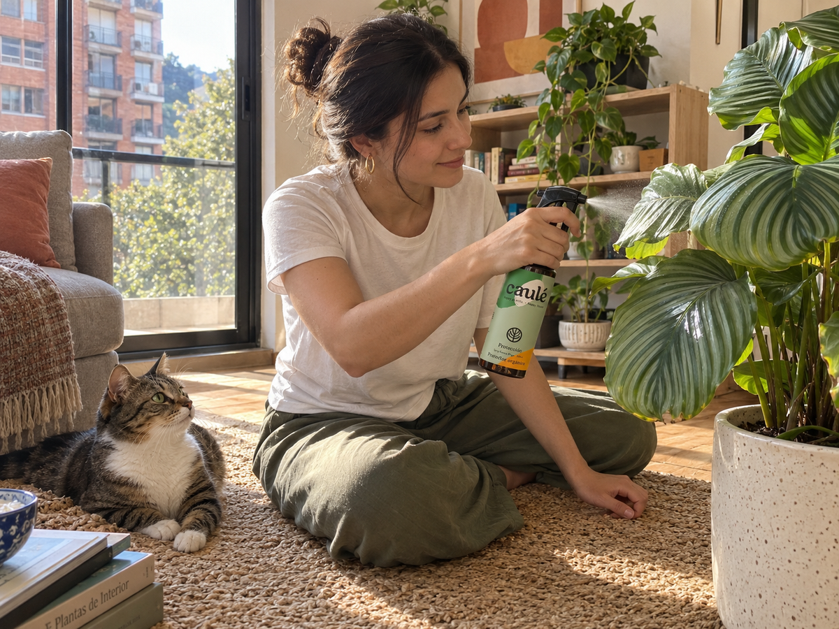 Aplicando Protección Caulé en la sala con el gato al lado